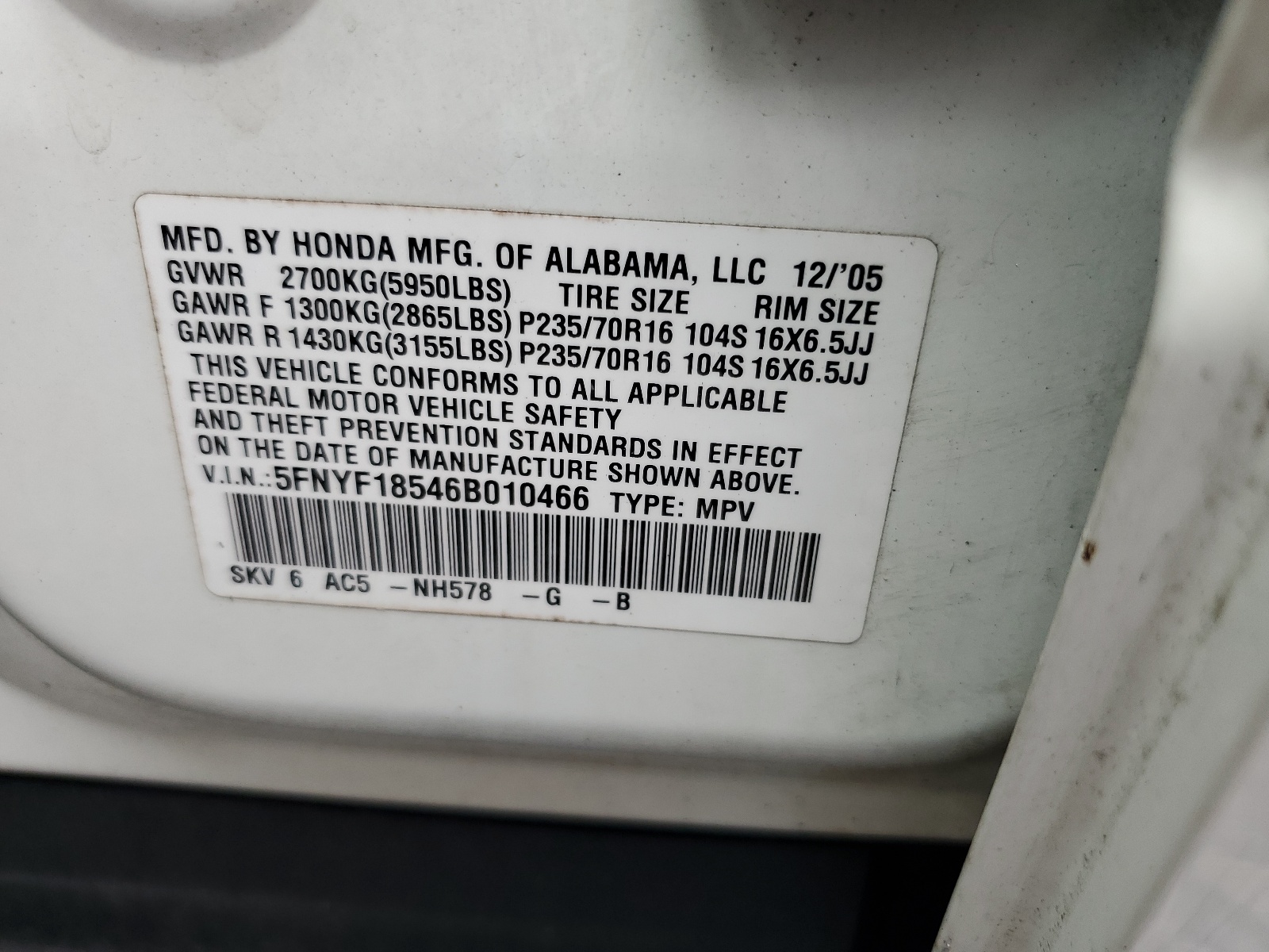 5FNYF18546B010466 2006 Honda Pilot Ex