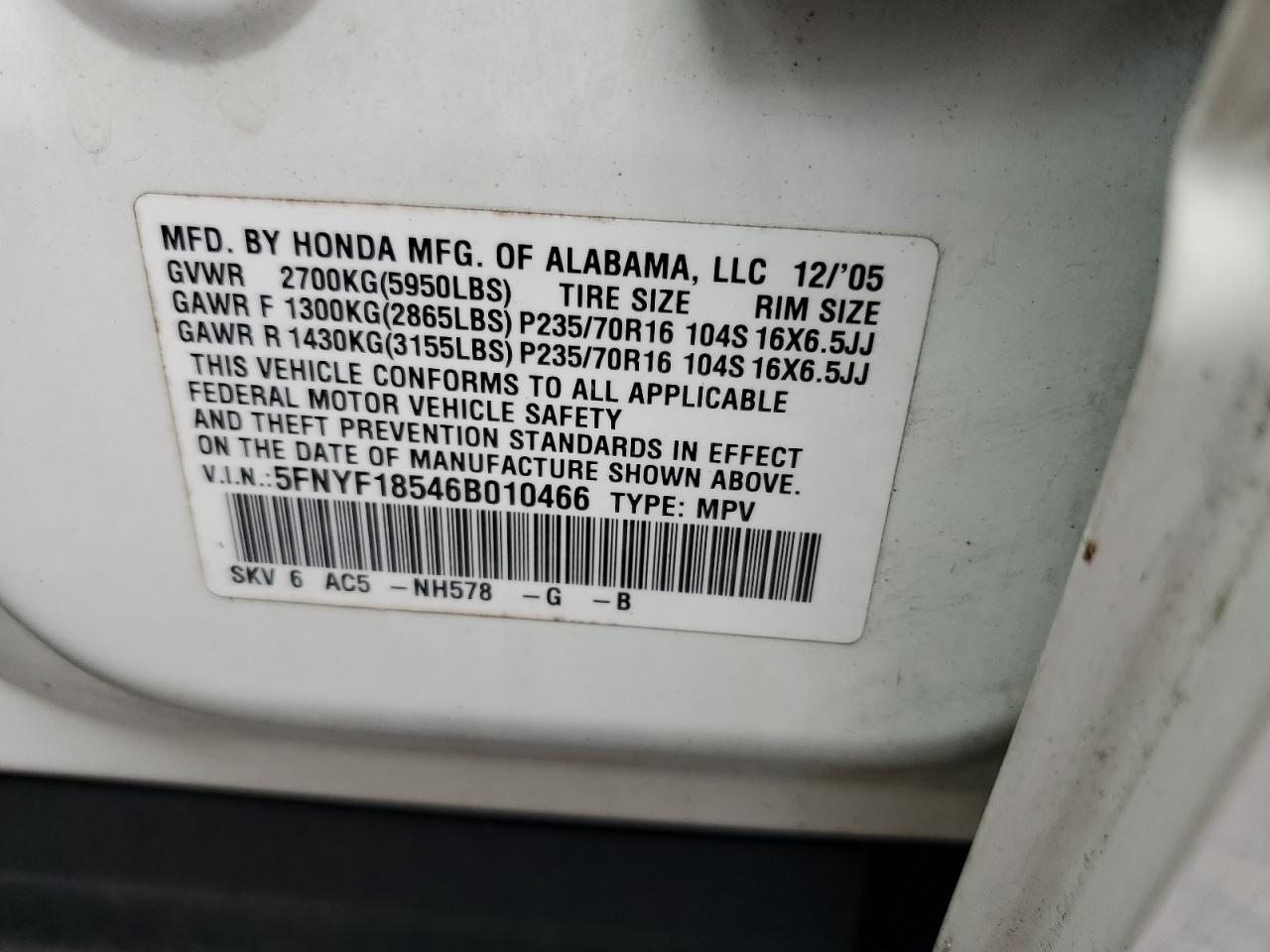 2006 Honda Pilot Ex VIN: 5FNYF18546B010466 Lot: 63862934