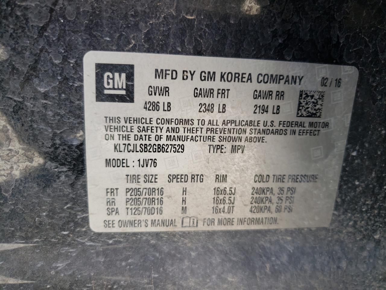 2016 Chevrolet Trax 1Lt VIN: KL7CJLSB2GB627529 Lot: 62422544