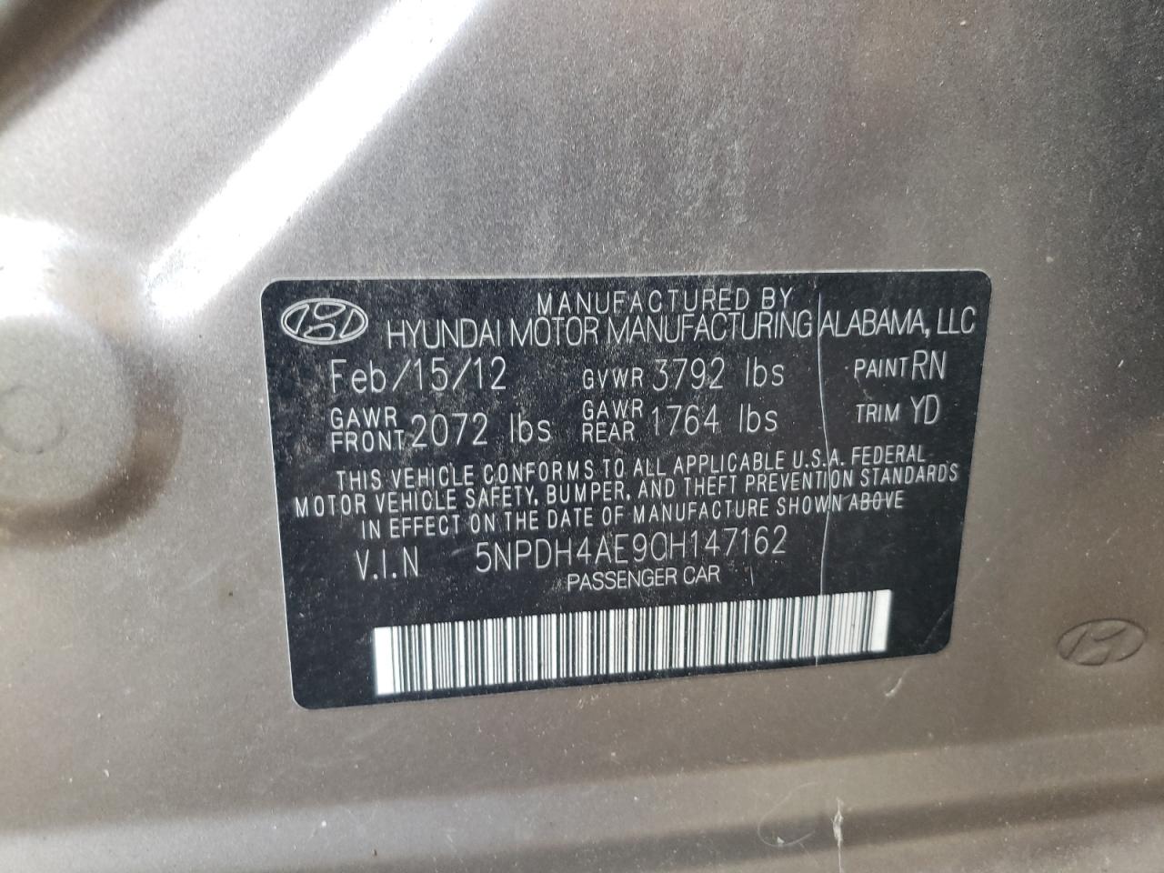 2012 Hyundai Elantra Gls VIN: 5NPDH4AE9CH147162 Lot: 65528484