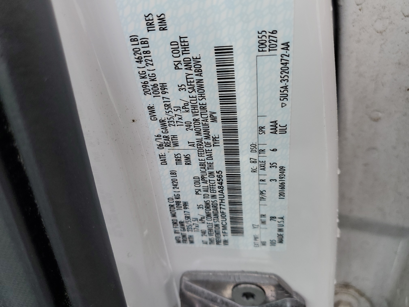 1FMCU0F77HUA84565 2017 Ford Escape S