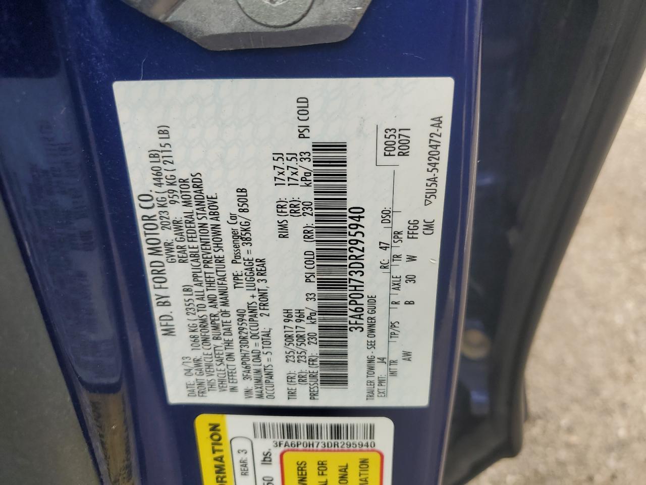 2013 Ford Fusion Se VIN: 3FA6P0H73DR295940 Lot: 61625554