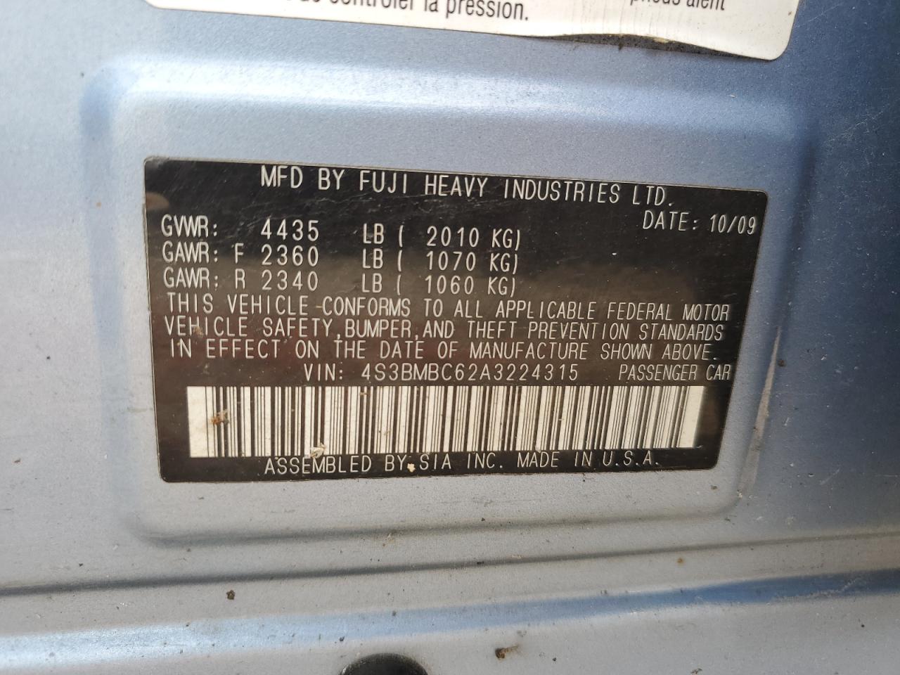 2010 Subaru Legacy 2.5I Premium VIN: 4S3BMBC62A3224315 Lot: 63007974