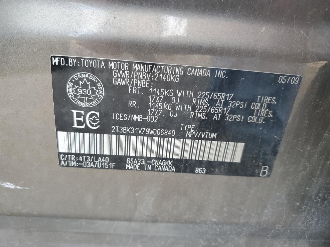 2009 Toyota Rav4 Limited VIN: 2T3BK31V79W006840 Lot: 61852594