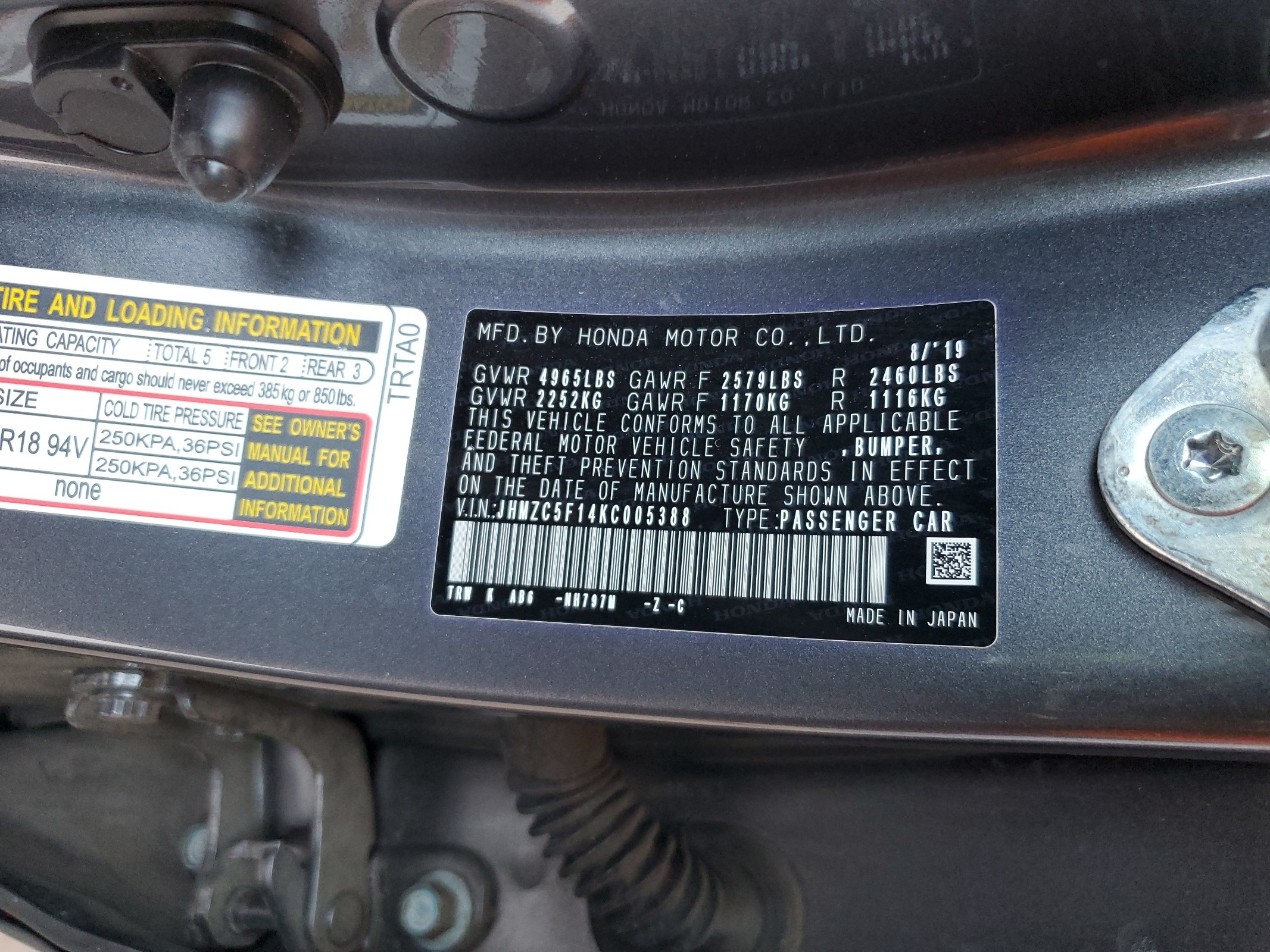 JHMZC5F14KC005388 2019 Honda Clarity