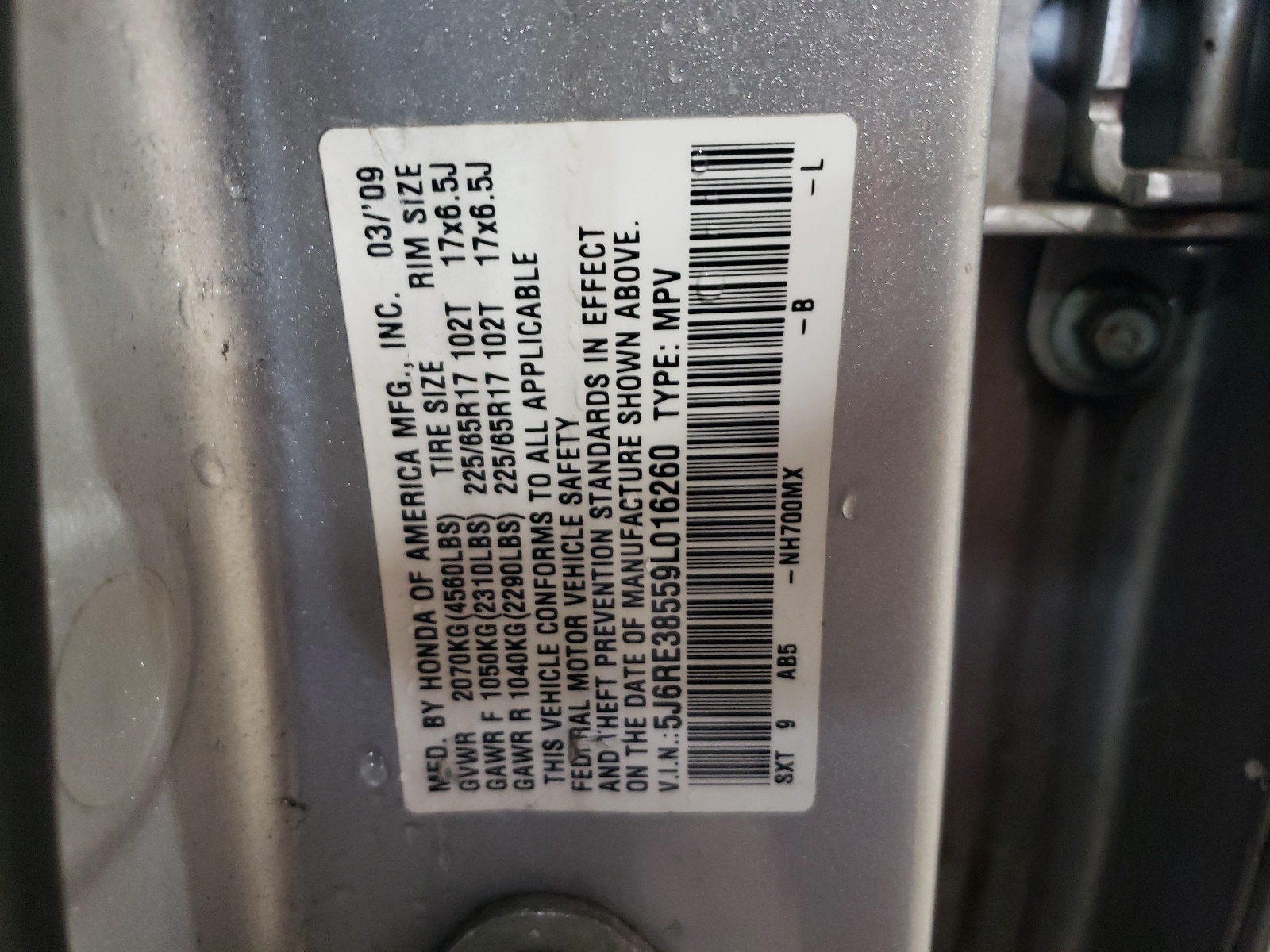 5J6RE38559L016260 2009 Honda Cr-V Ex