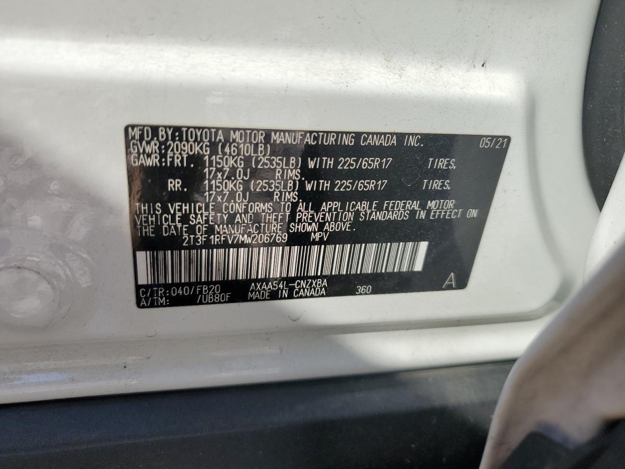 2T3F1RFV7MW206769 2021 Toyota Rav4 Le