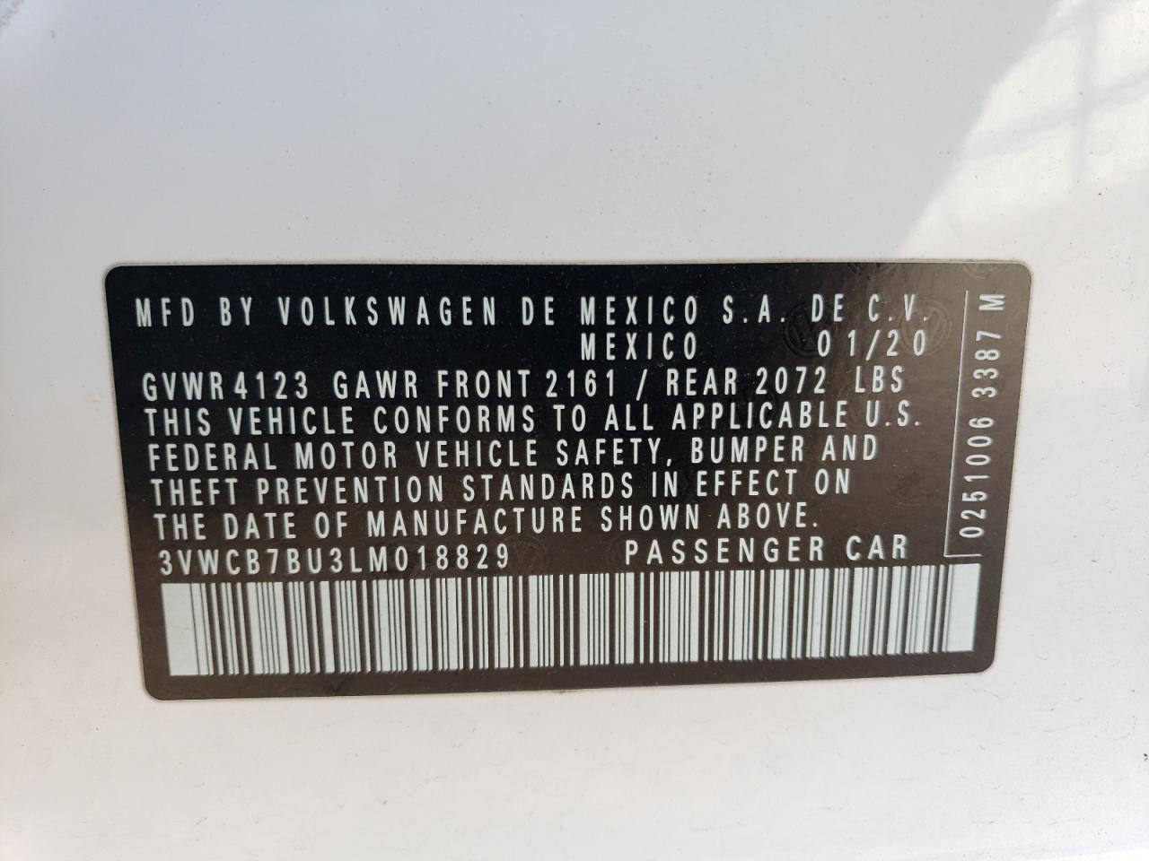 3VWCB7BU3LM018829 2020 Volkswagen Jetta S