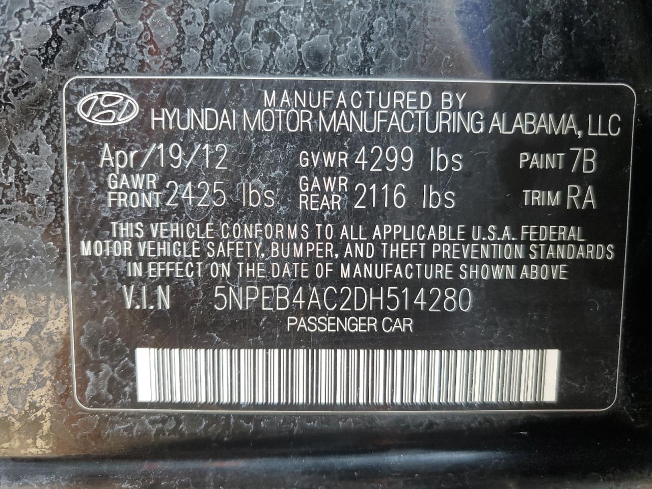 2013 Hyundai Sonata Gls VIN: 5NPEB4AC2DH514280 Lot: 64813774