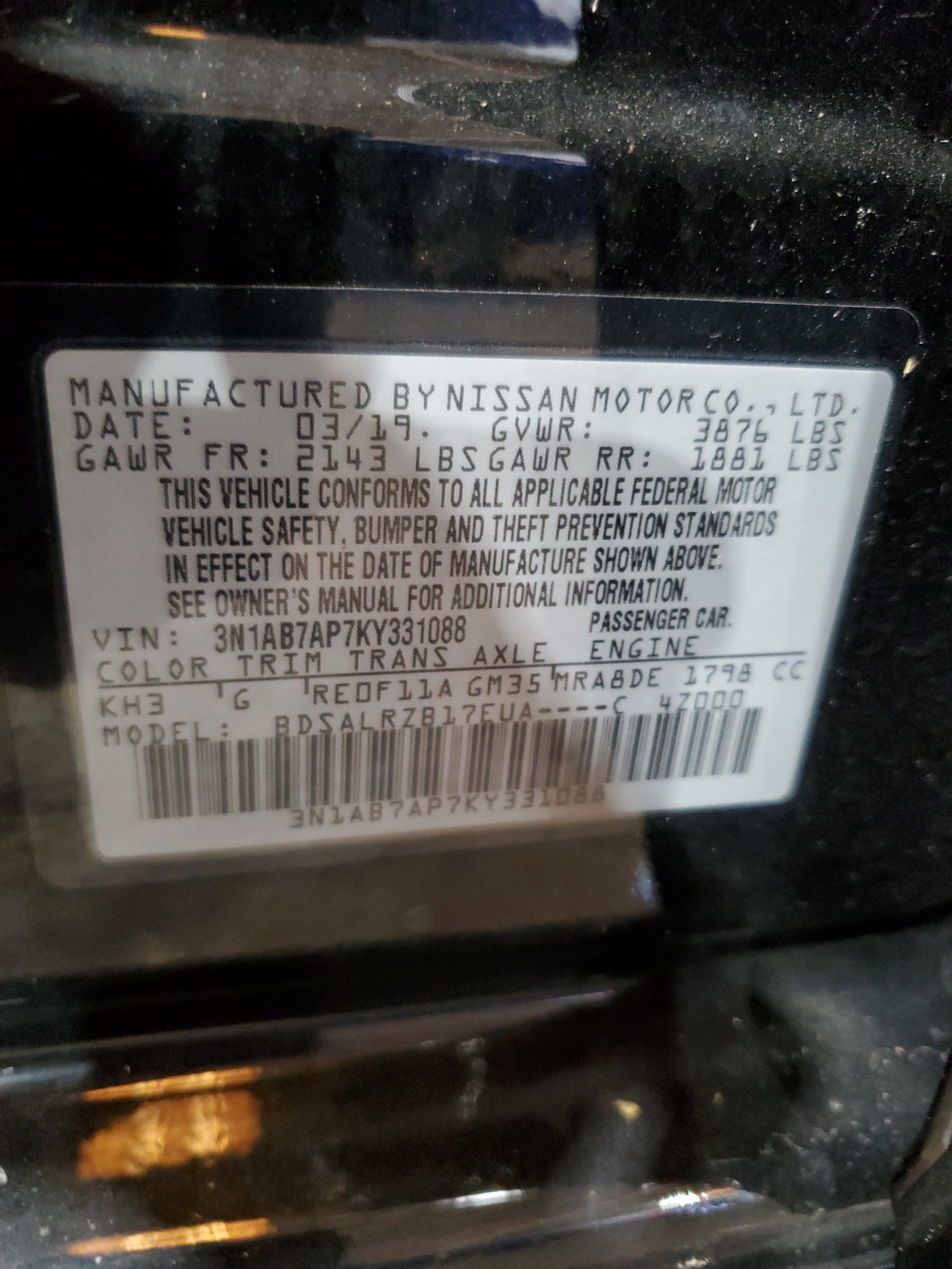 3N1AB7AP7KY331088 2019 Nissan Sentra S