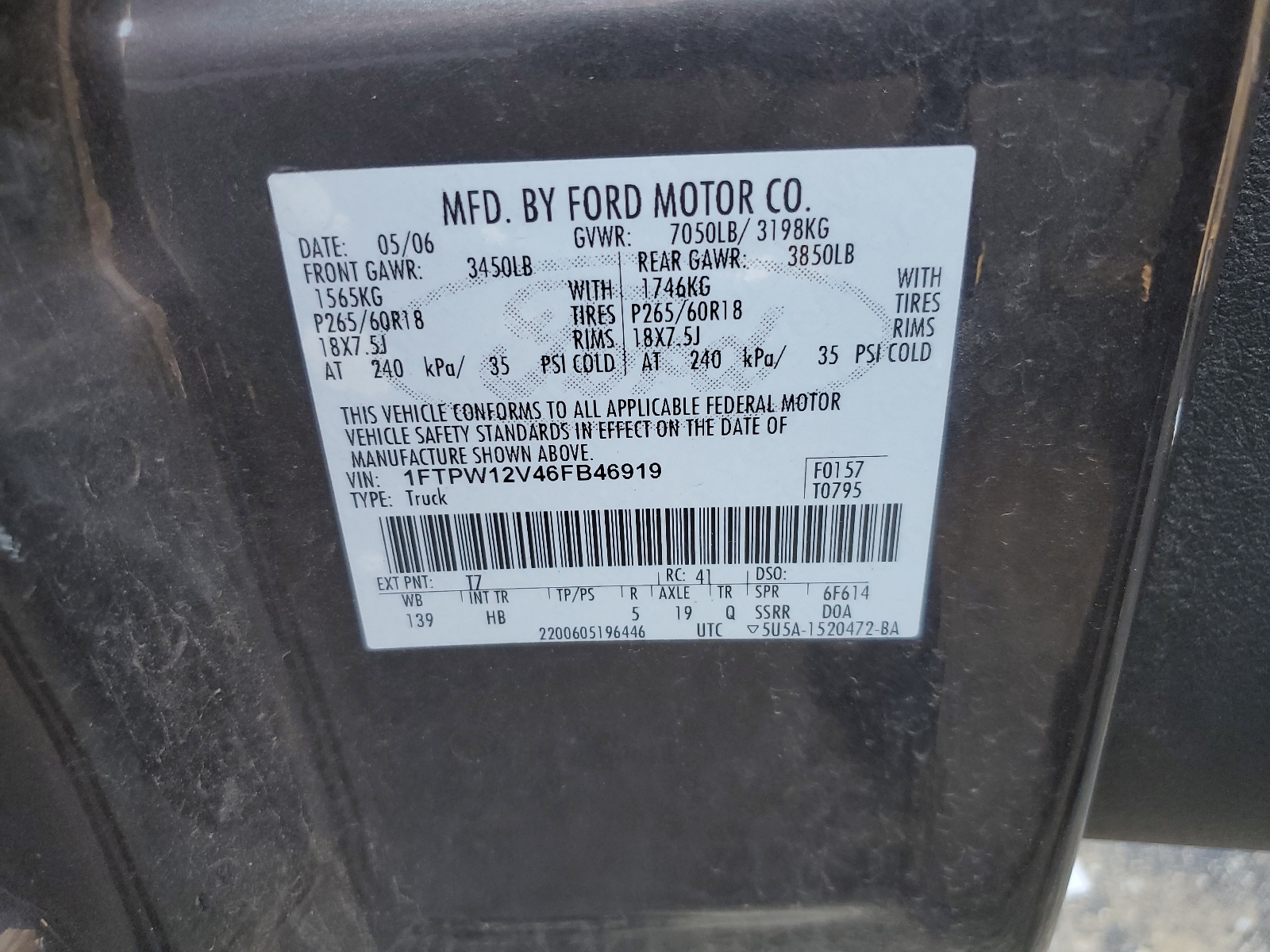 1FTPW12V46FB46919 2006 Ford F150 Supercrew