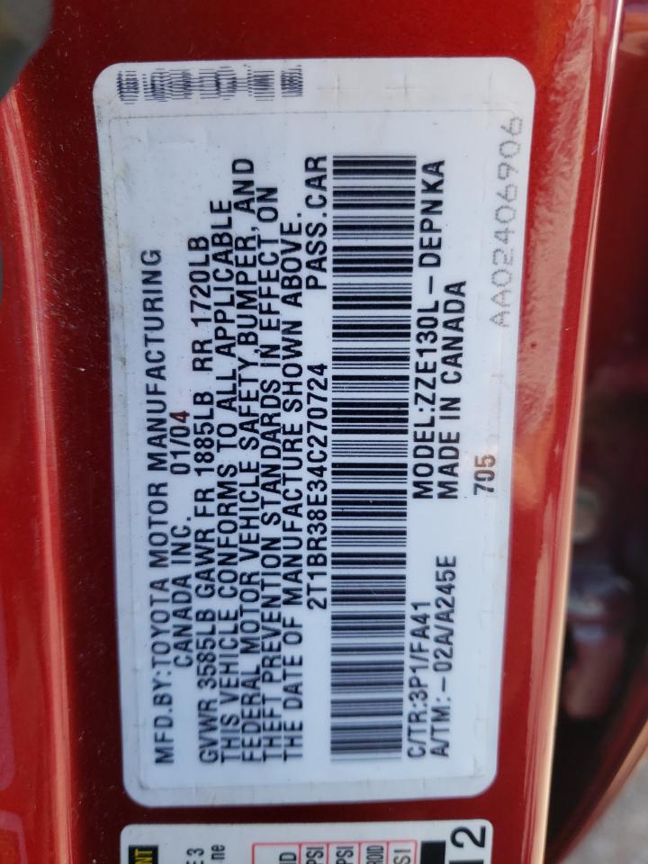 2004 Toyota Corolla Ce VIN: 2T1BR38E34C270724 Lot: 62604224