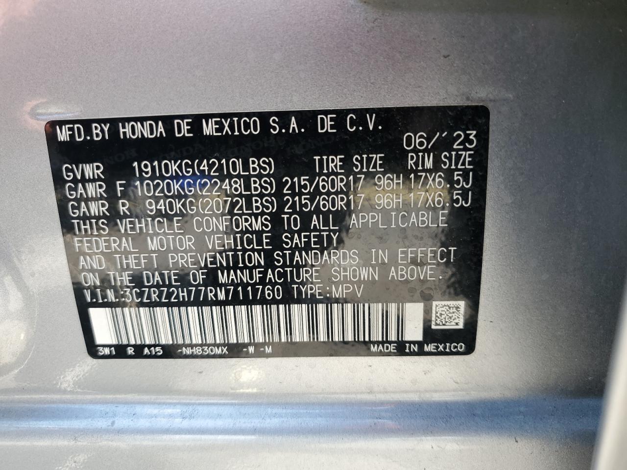 2024 Honda Hr-V Exl VIN: 3CZRZ2H77RM711760 Lot: 62091734