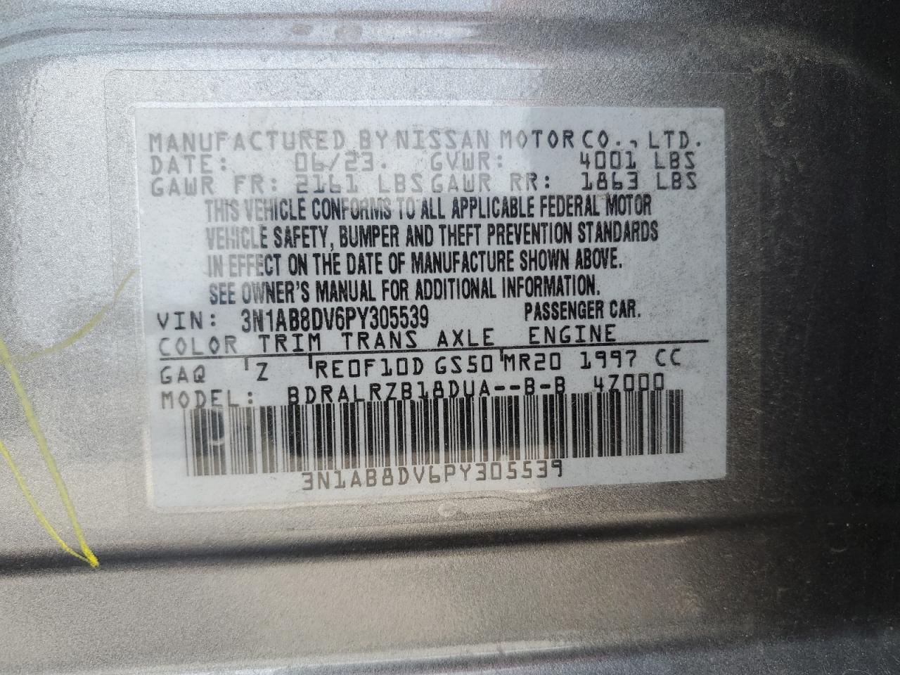 2023 Nissan Sentra Sr VIN: 3N1AB8DV6PY305539 Lot: 63676454