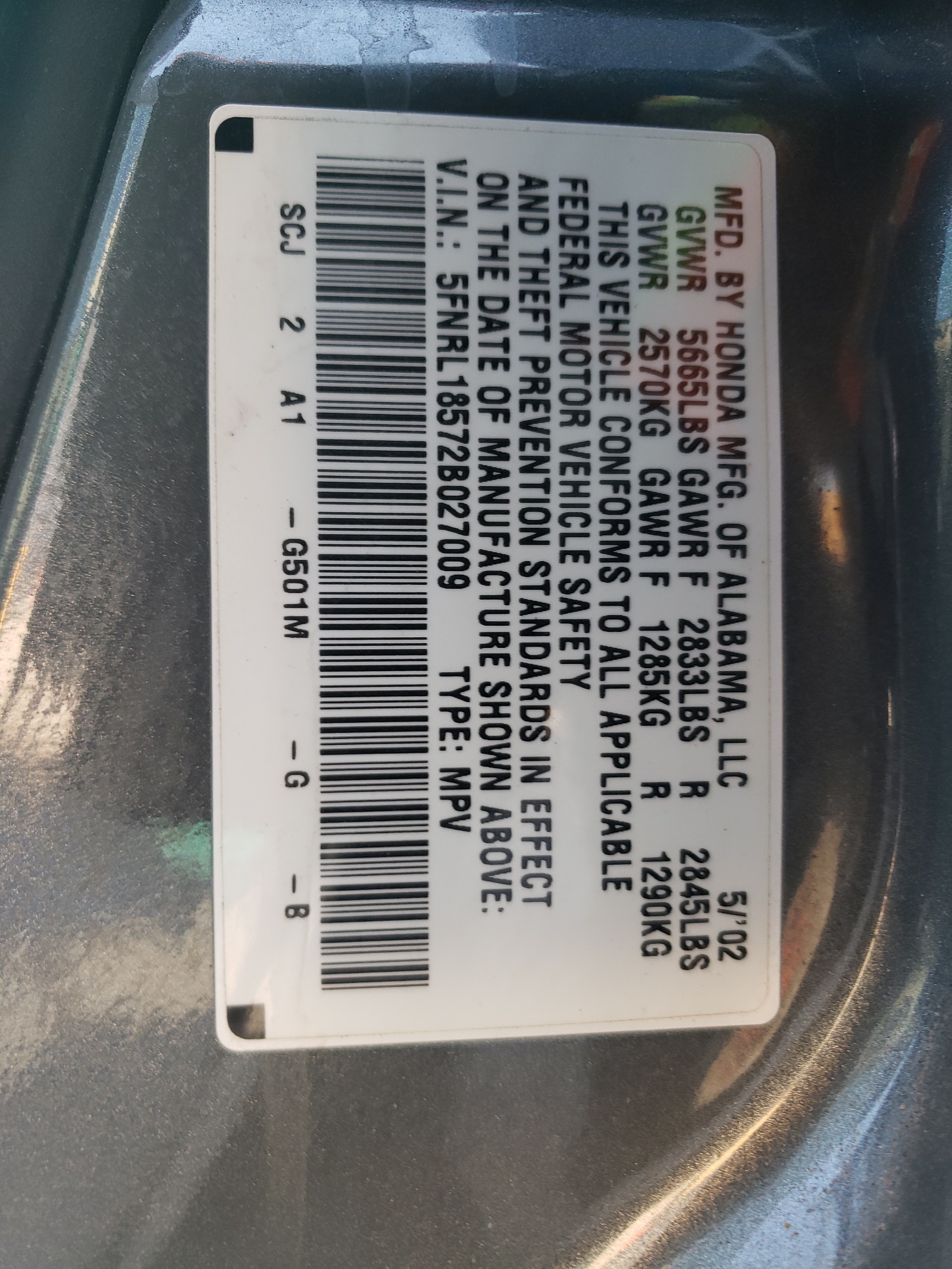 5FNRL18572B027009 2002 Honda Odyssey Lx