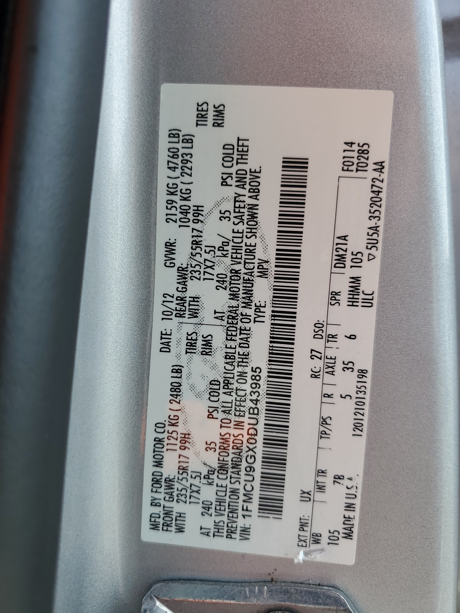 1FMCU9GX0DUB43985 2013 Ford Escape Se