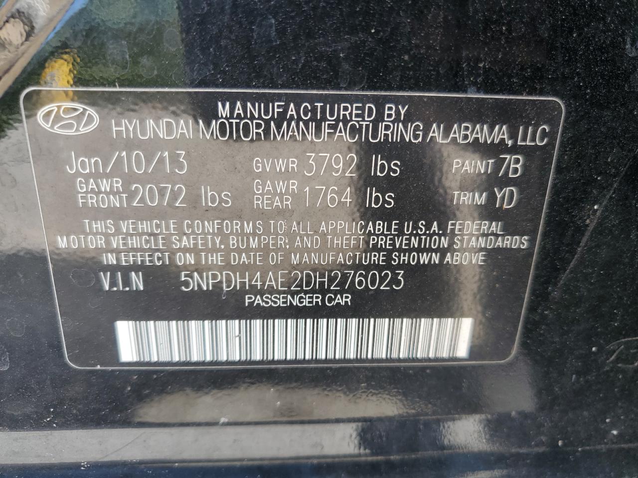 2013 Hyundai Elantra Gls VIN: 5NPDH4AE2DH276023 Lot: 63982304