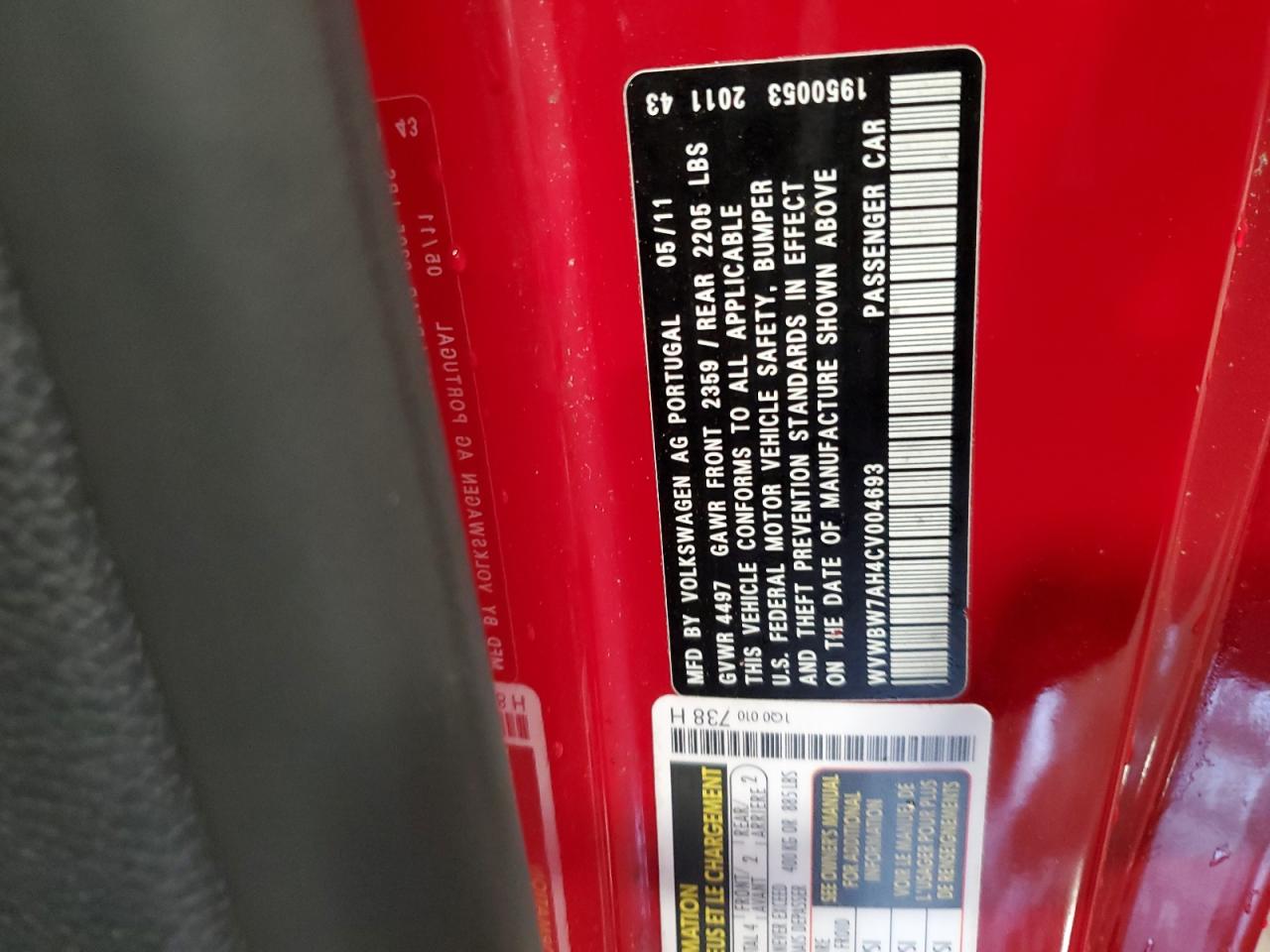 2012 Volkswagen Eos Komfort VIN: WVWBW7AH4CV004693 Lot: 62043964