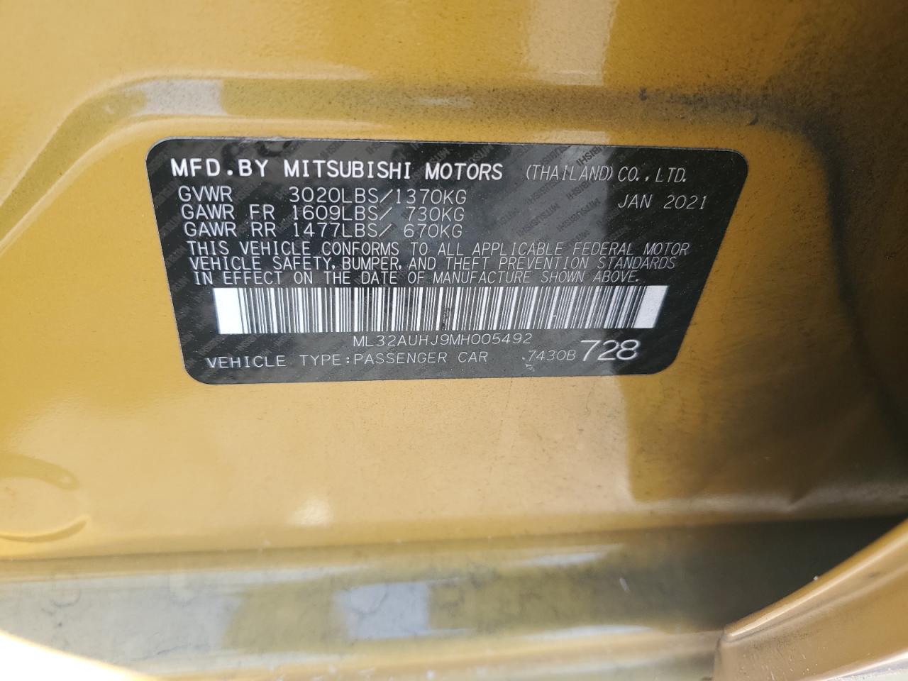 2021 Mitsubishi Mirage Es VIN: ML32AUHJ9MH005492 Lot: 61824904