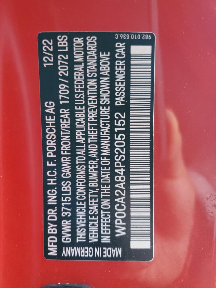 2023 Porsche Boxster Base VIN: WP0CA2A84PS205152 Lot: 64223284