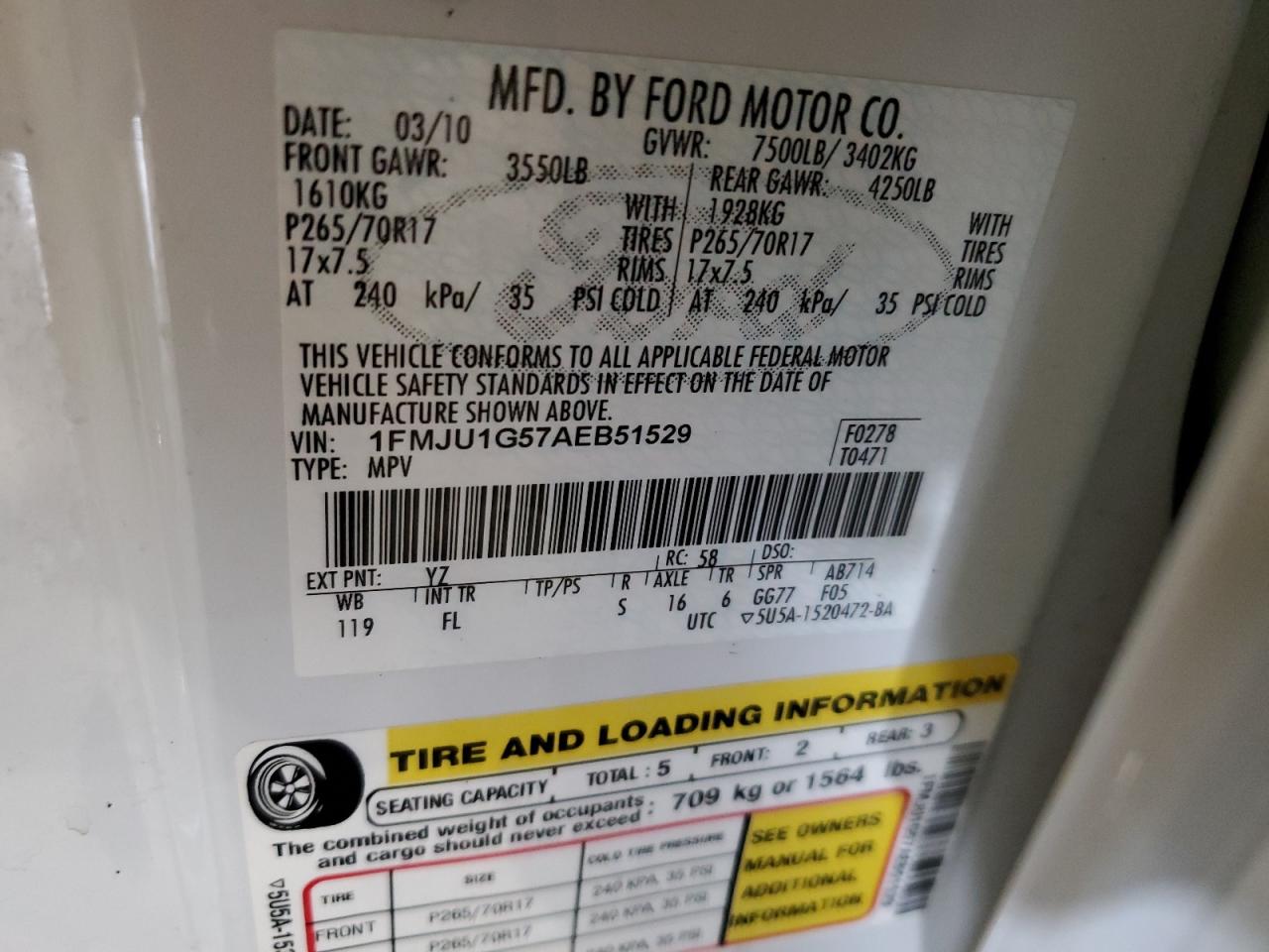 2010 Ford Expedition Xlt VIN: 1FMJU1G57AEB51529 Lot: 62837454