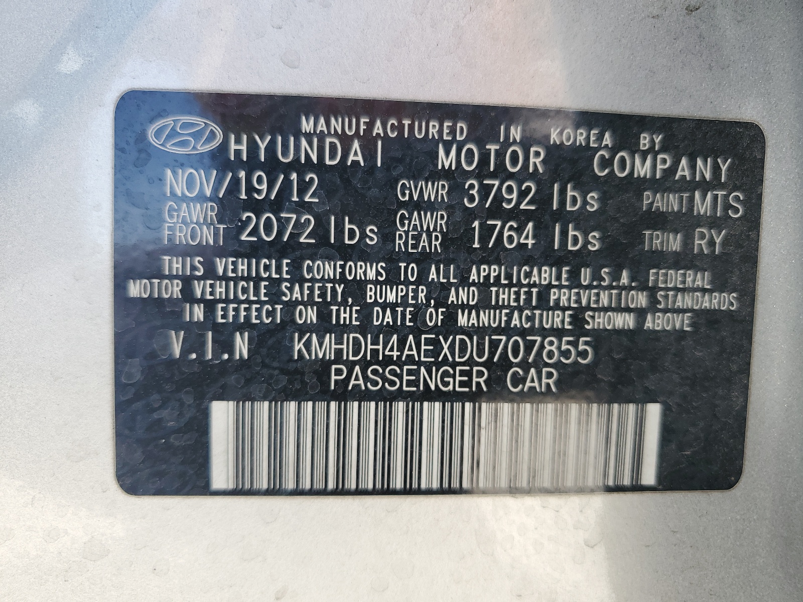 KMHDH4AEXDU707855 2013 Hyundai Elantra Gls