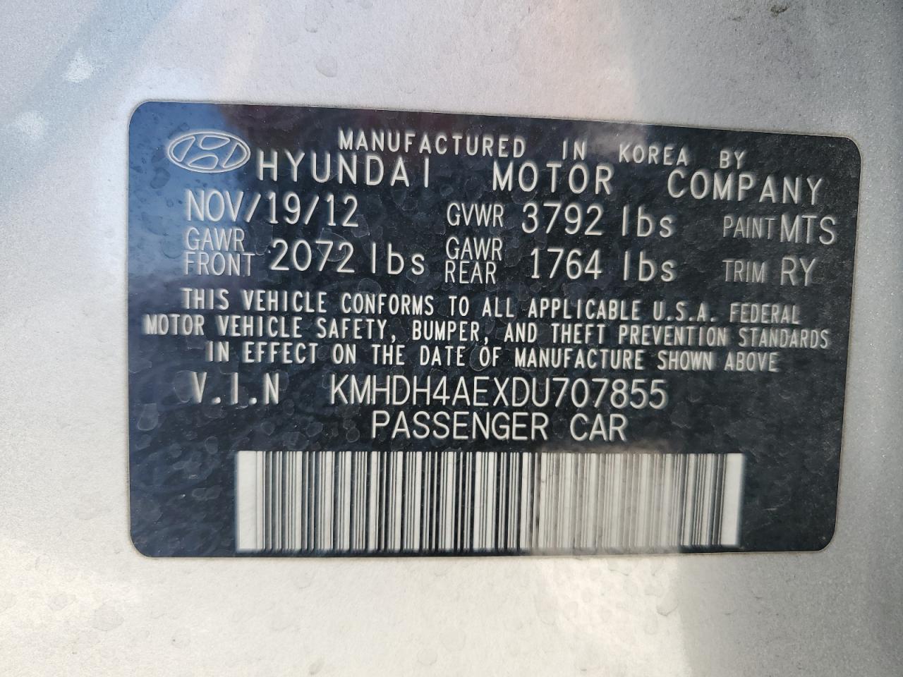 2013 Hyundai Elantra Gls VIN: KMHDH4AEXDU707855 Lot: 65603914