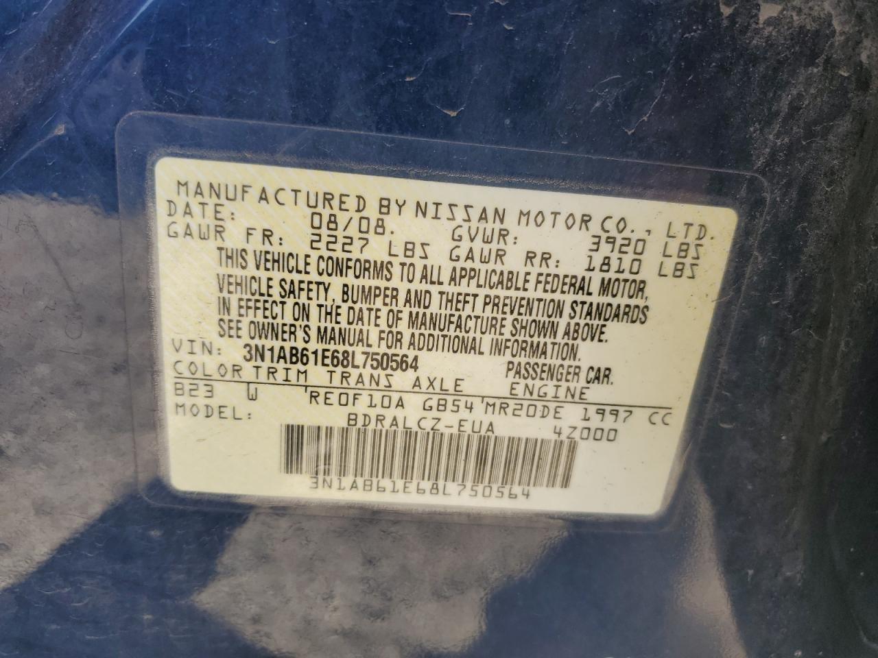 2008 Nissan Sentra 2.0 VIN: 3N1AB61E68L750564 Lot: 63658684