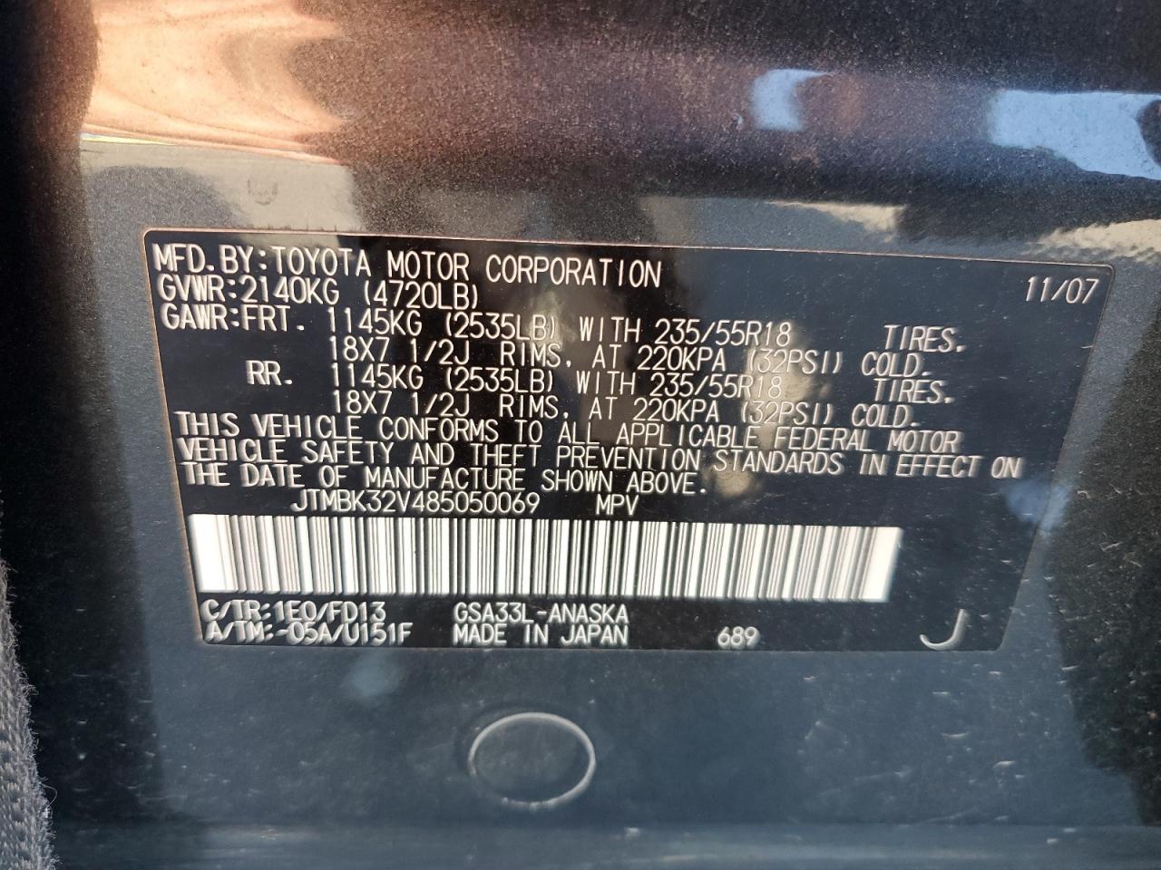 2008 Toyota Rav4 Sport VIN: JTMBK32V485050069 Lot: 62847364