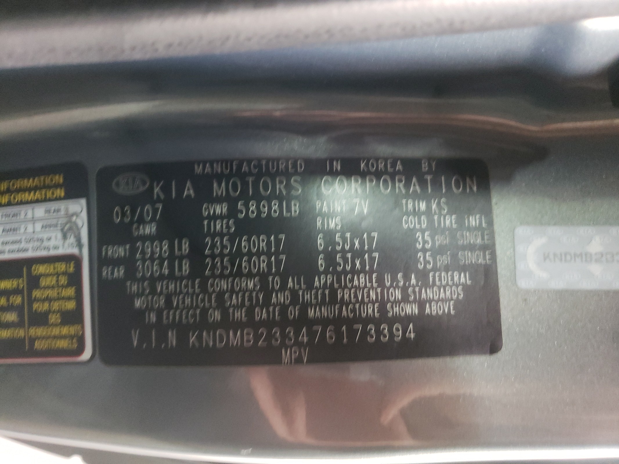 KNDMB233476173394 2007 Kia Sedona Ex