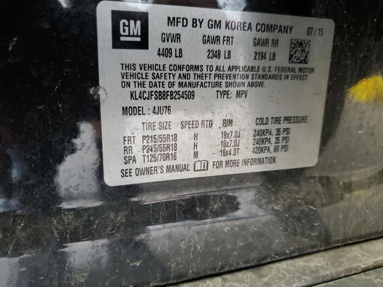 2015 Buick Encore Convenience VIN: KL4CJFSB8FB254509 Lot: 63350704