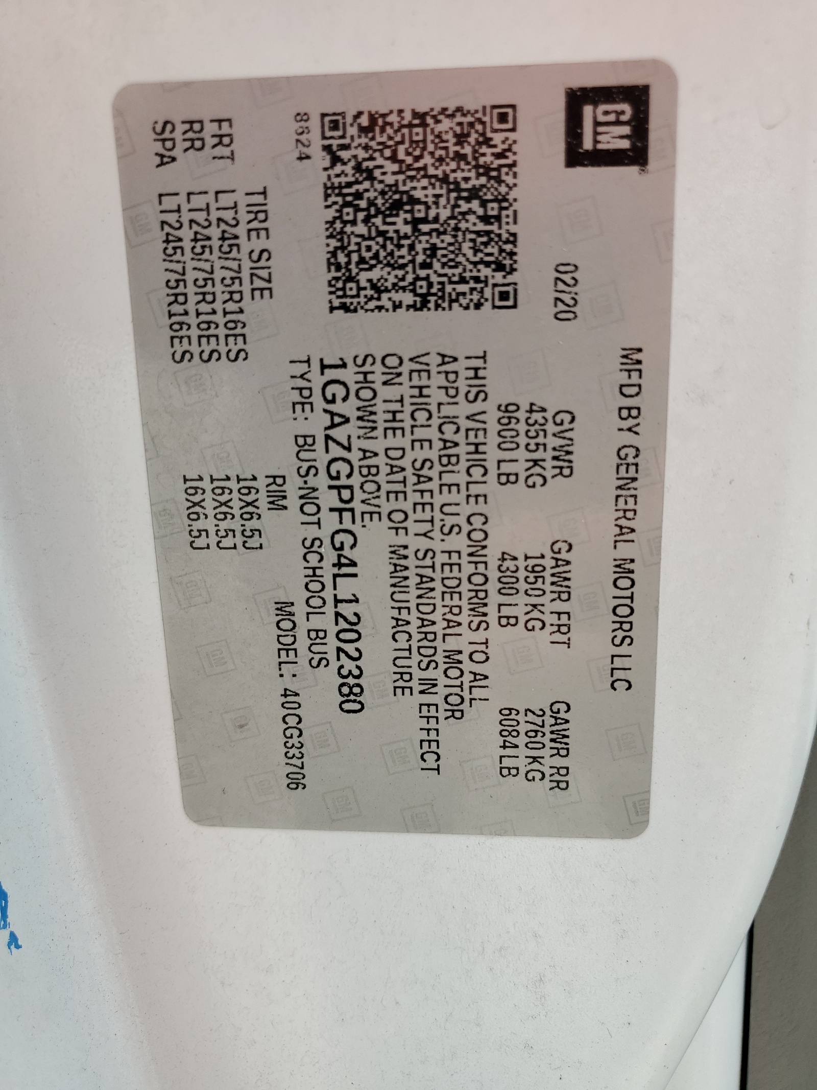 1GAZGPFG4L1202380 2020 Chevrolet Express G3500 Lt