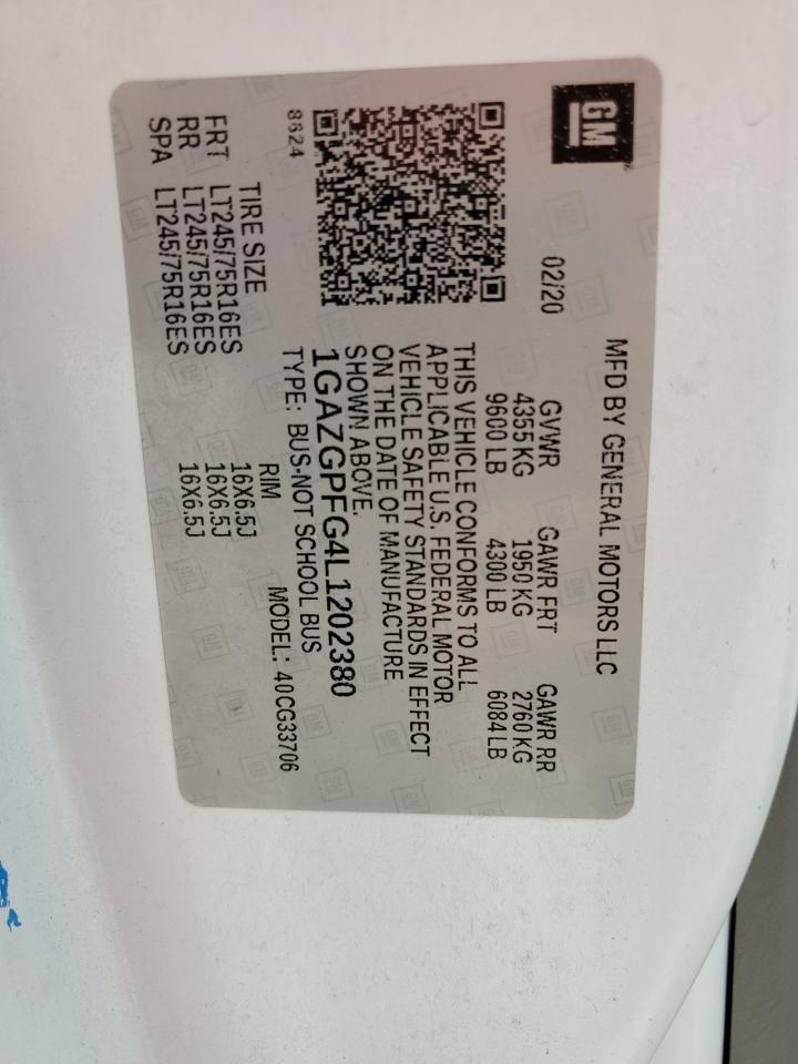 2020 Chevrolet Express G3500 Lt VIN: 1GAZGPFG4L1202380 Lot: 65235954