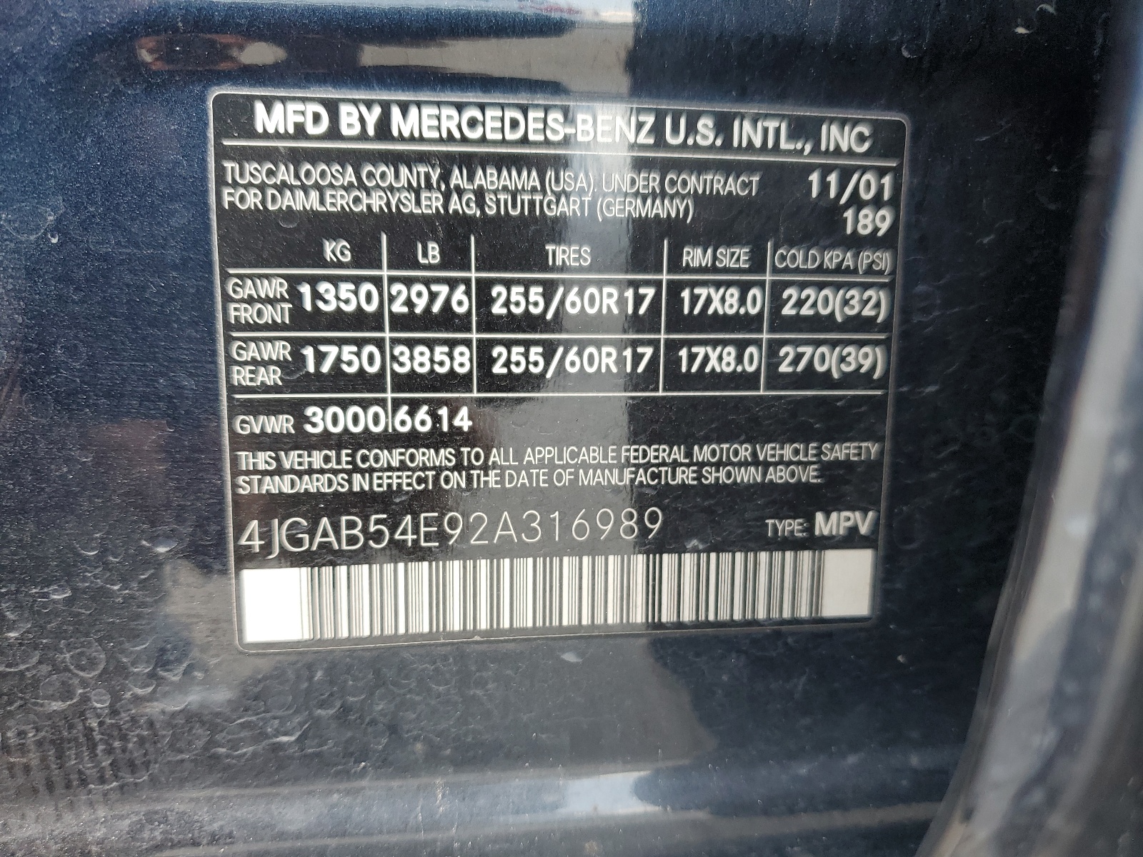 4JGAB54E92A316989 2002 Mercedes-Benz Ml 320