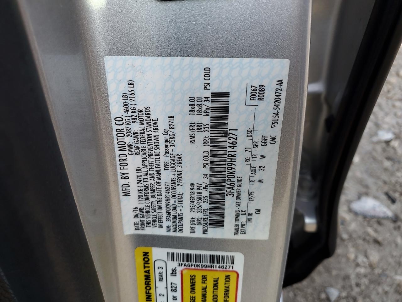 2017 Ford Fusion Titanium VIN: 3FA6P0K99HR146271 Lot: 63434054