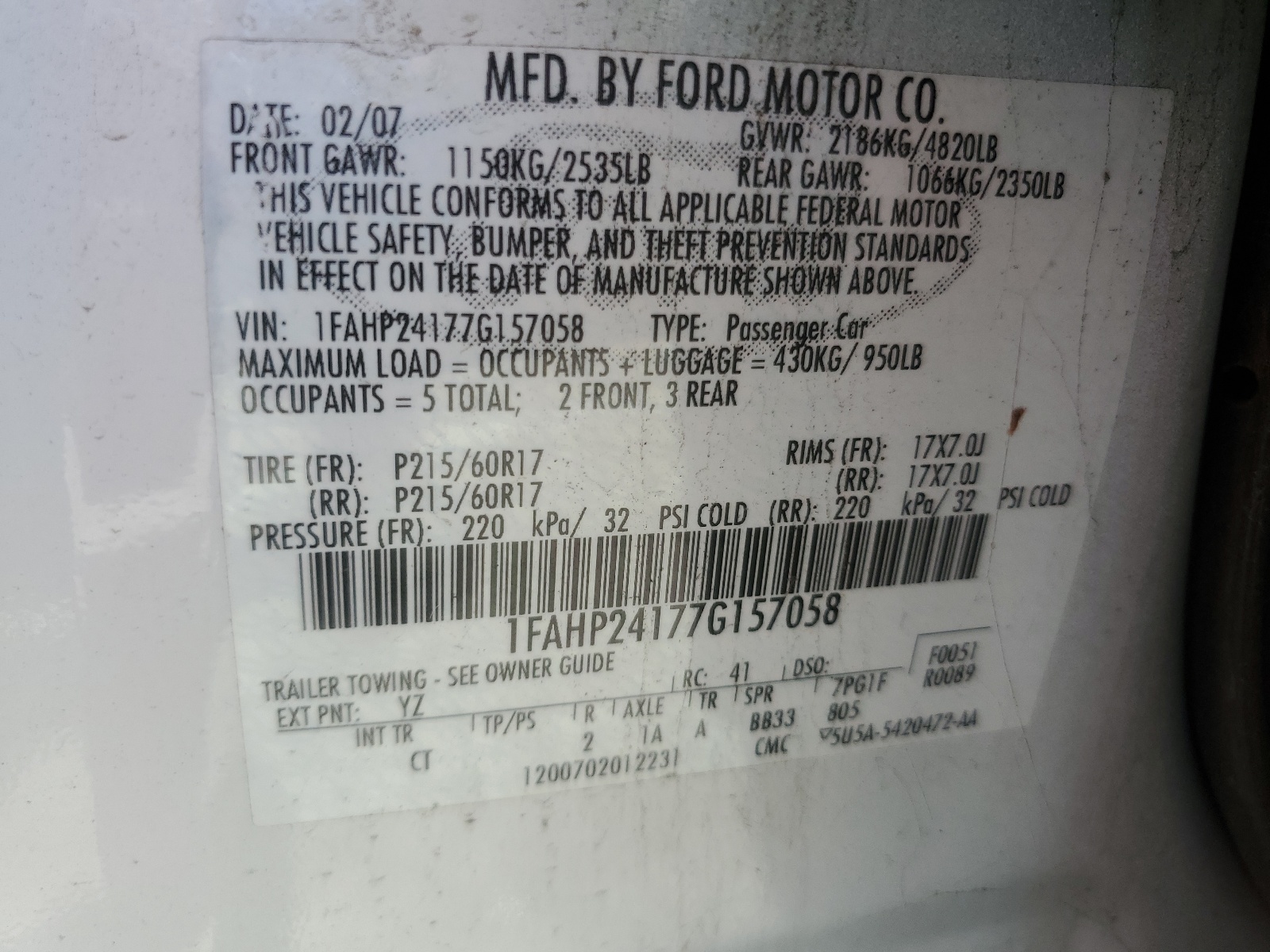 1FAHP24177G157058 2007 Ford Five Hundred Sel