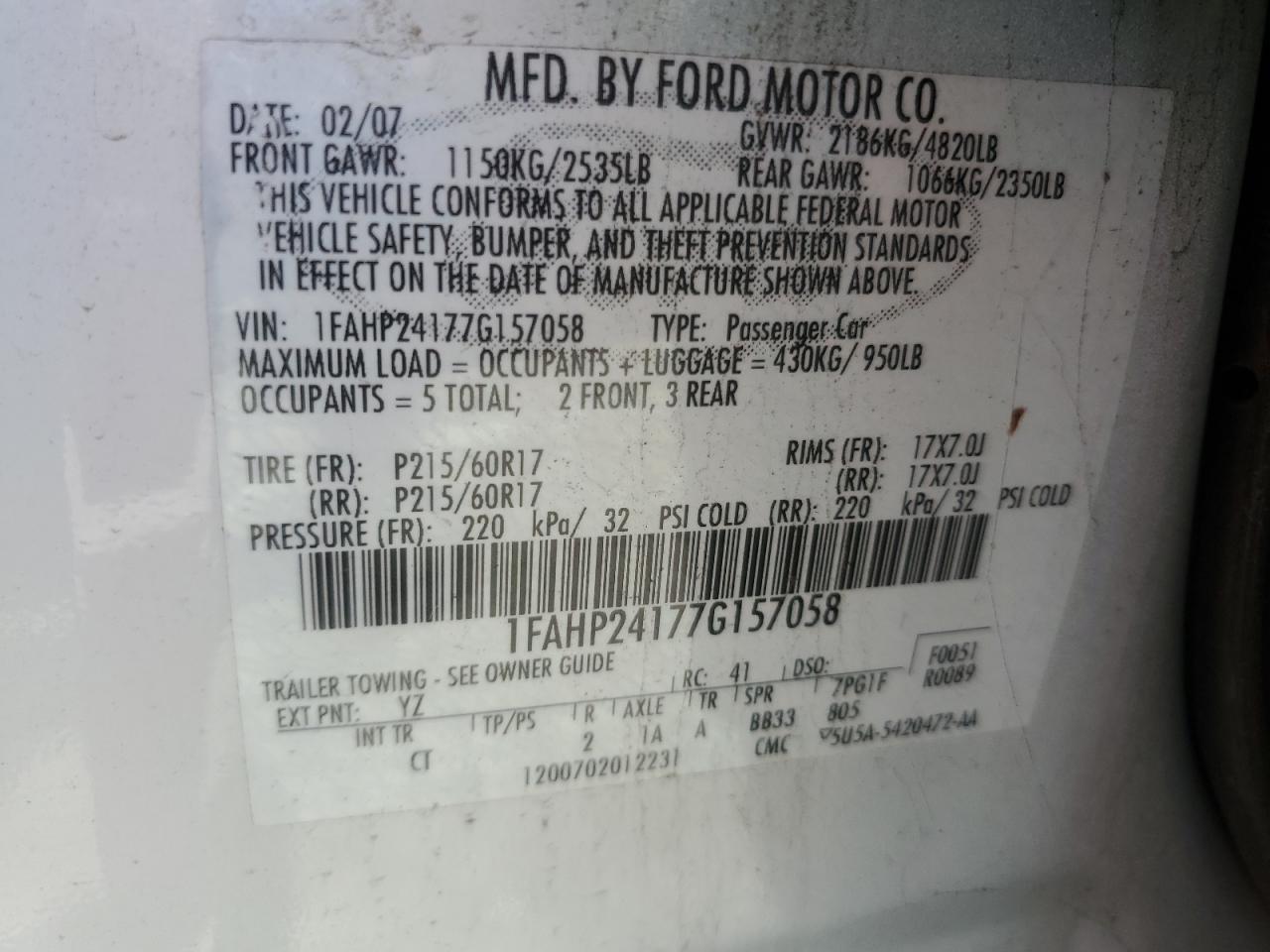 2007 Ford Five Hundred Sel VIN: 1FAHP24177G157058 Lot: 64992294