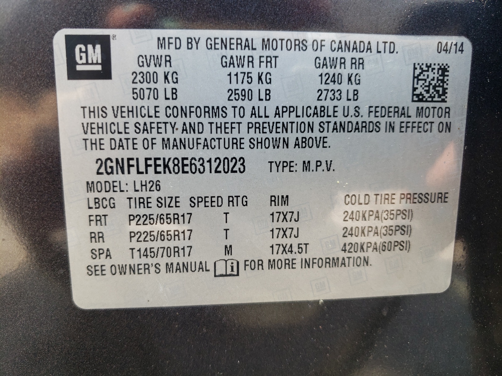 2GNFLFEK8E6312023 2014 Chevrolet Equinox Lt