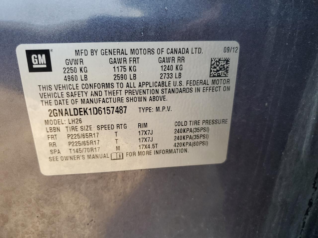 2013 Chevrolet Equinox Lt VIN: 2GNALDEK1D6157487 Lot: 64452694