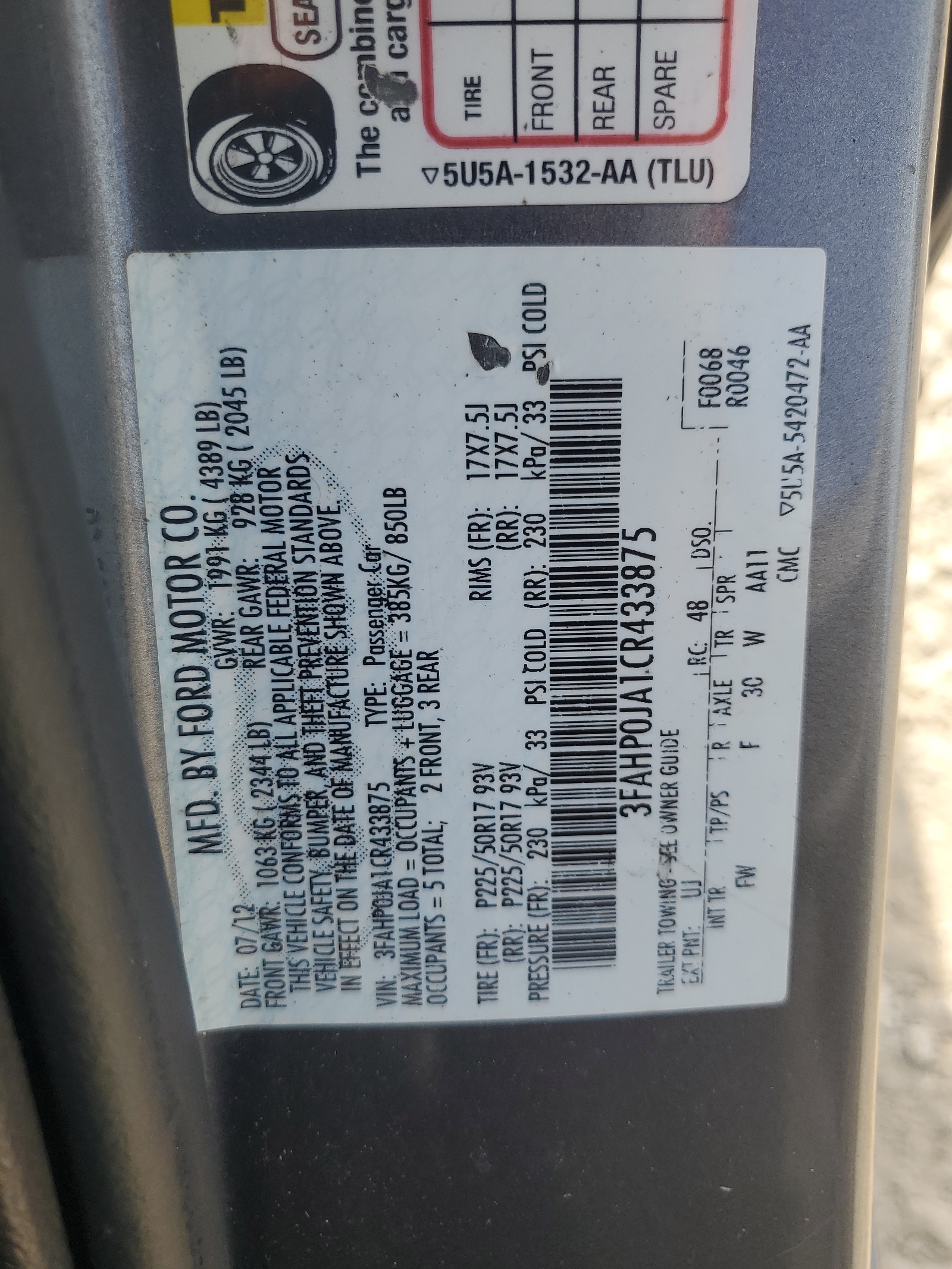 3FAHP0JA1CR433875 2012 Ford Fusion Sel