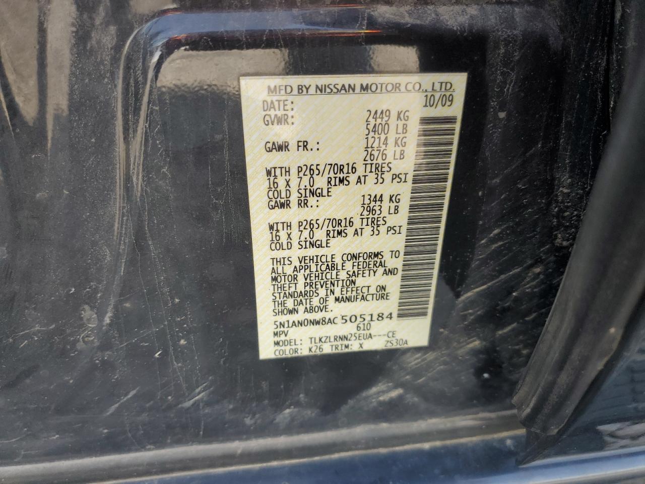 2010 Nissan Xterra Off Road VIN: 5N1AN0NW8AC505184 Lot: 62112644