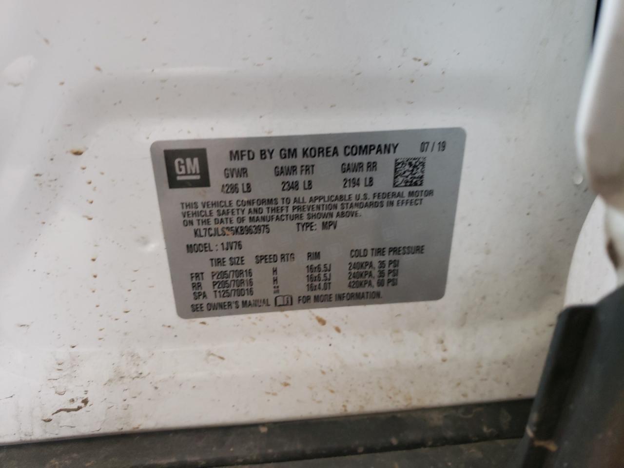 2019 Chevrolet Trax 1Lt VIN: KL7CJLSB5KB963975 Lot: 61286064