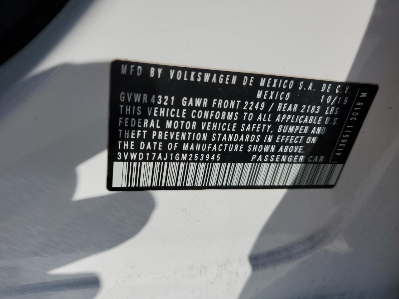 2016 Volkswagen Jetta Sport VIN: 3VWD17AJ1GM253945 Lot: 63335224