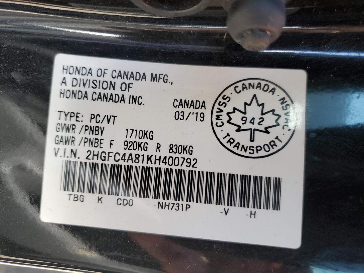 2019 Honda Civic Sport VIN: 2HGFC4A81KH400792 Lot: 65236964