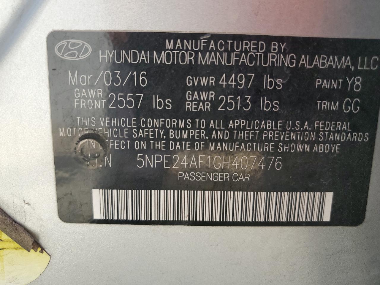 2016 Hyundai Sonata Se VIN: 5NPE24AF1GH407476 Lot: 61500954