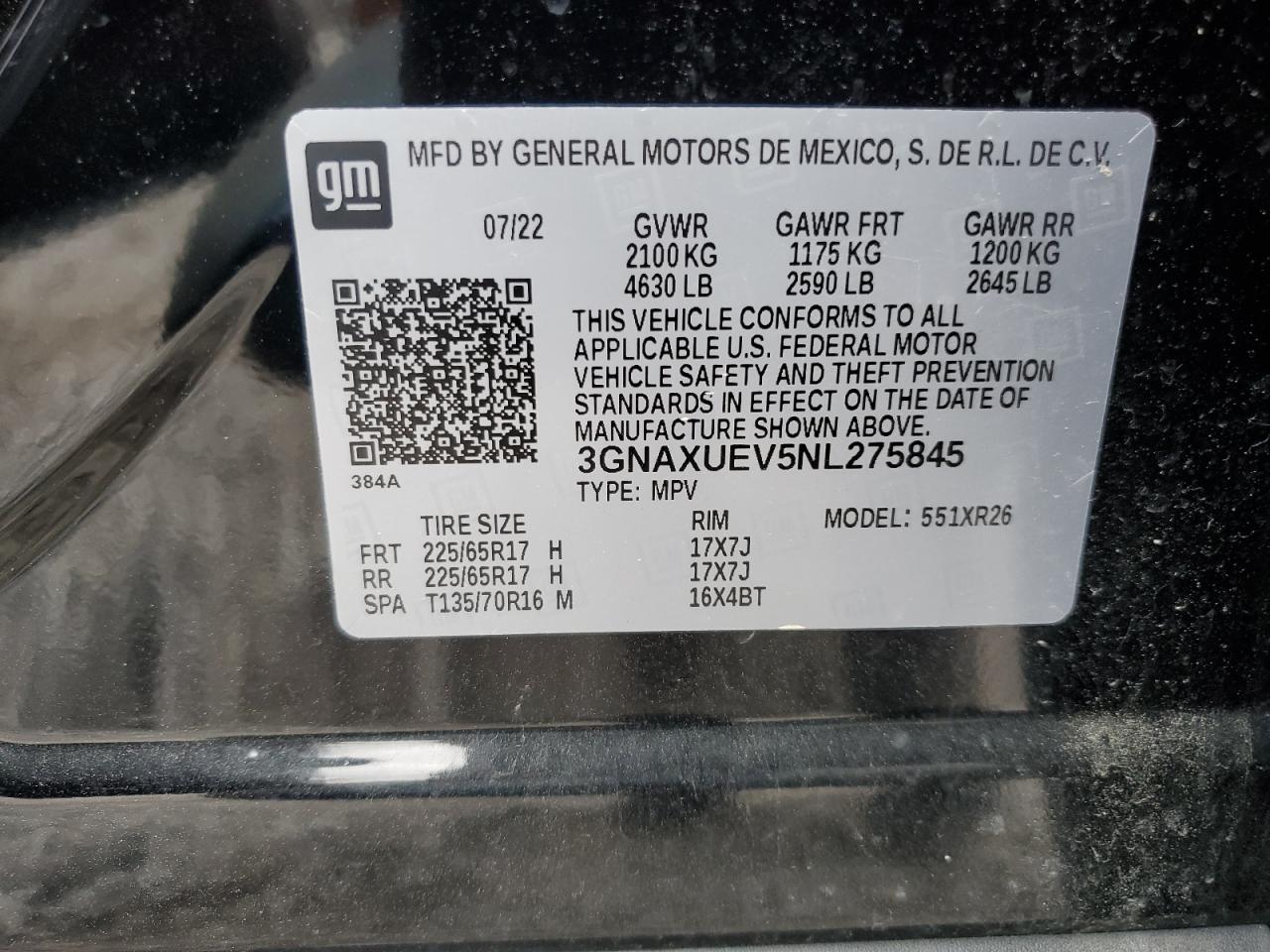 2022 Chevrolet Equinox Lt VIN: 3GNAXUEV5NL275845 Lot: 64059474