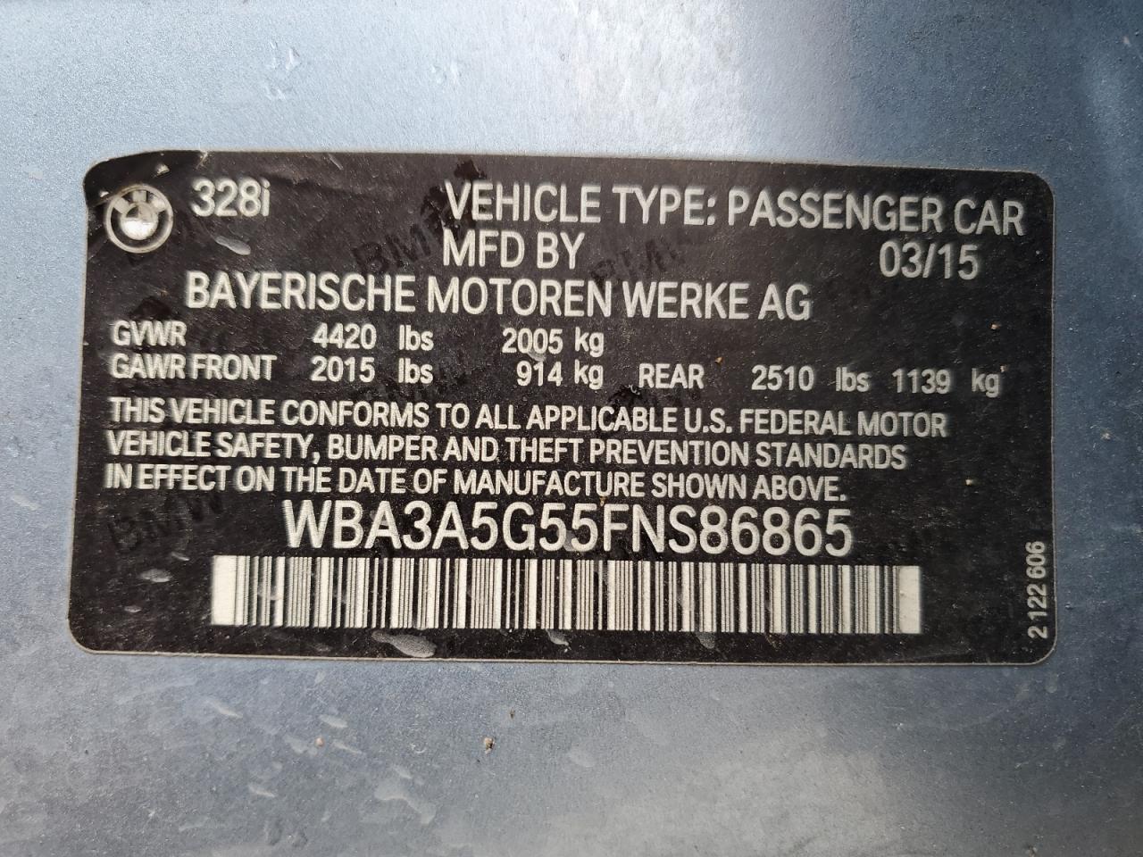 2015 BMW 328 I VIN: WBA3A5G55FNS86865 Lot: 62356344