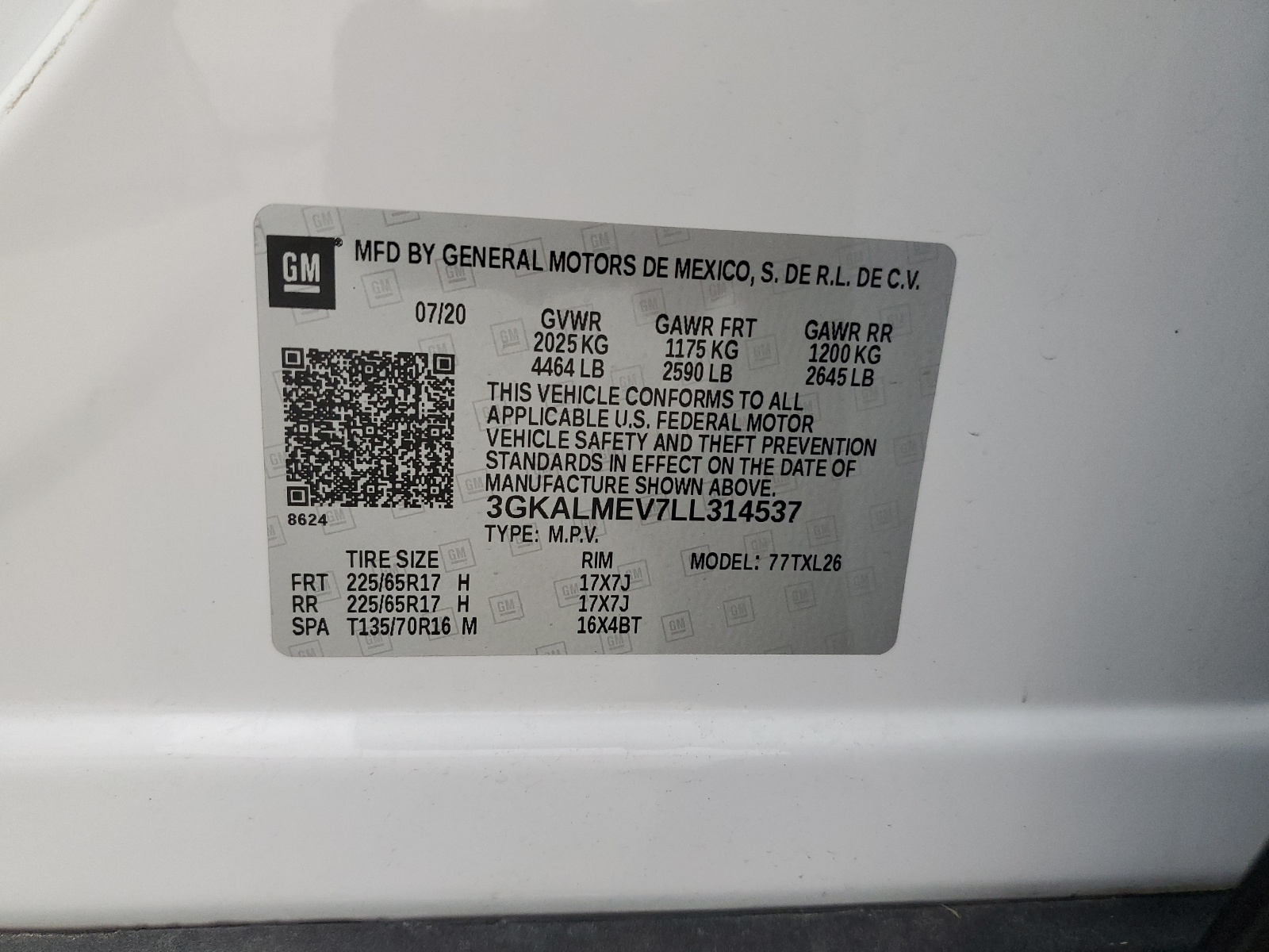 3GKALMEV7LL314537 2020 GMC Terrain Sle