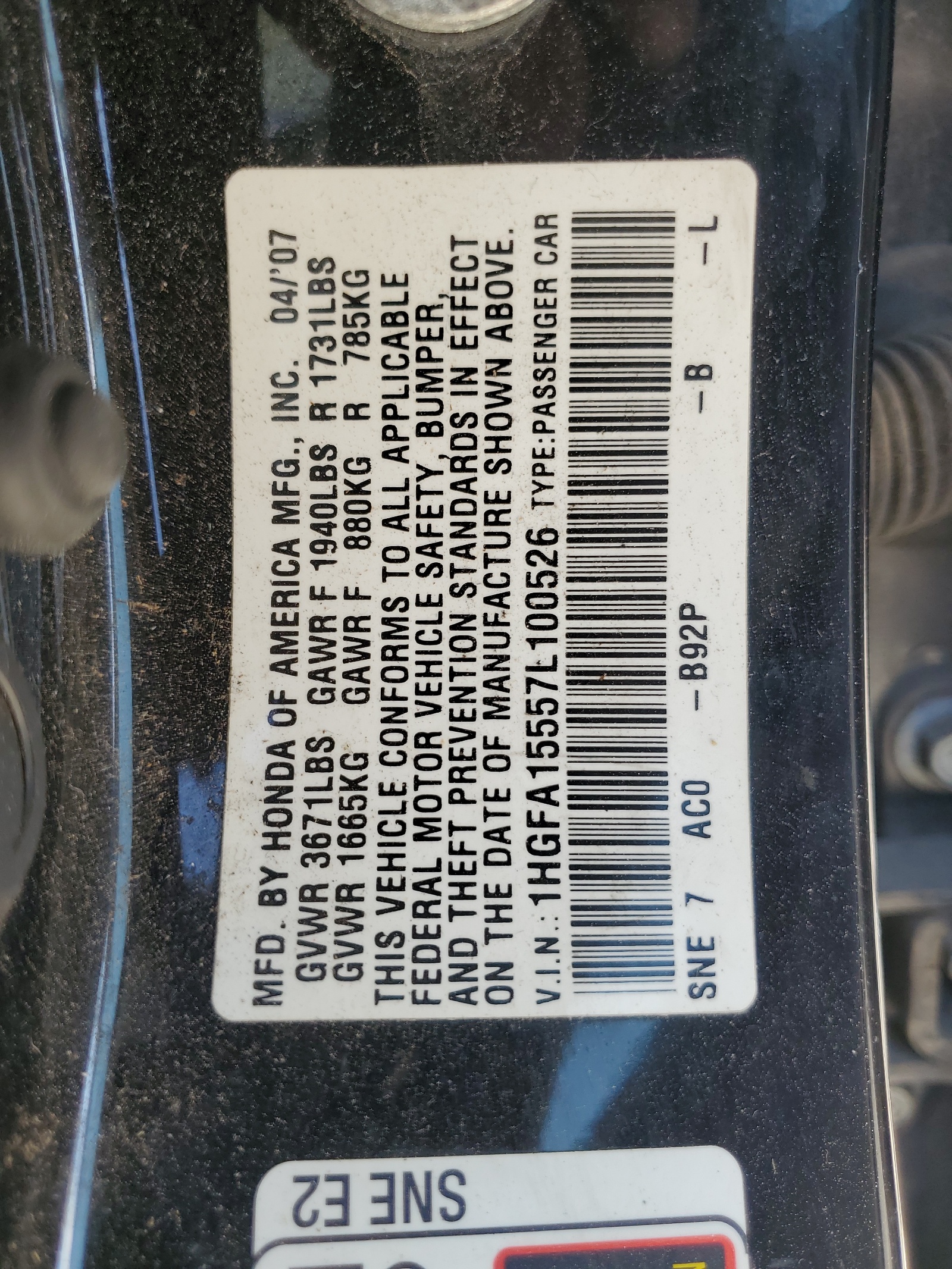 1HGFA15557L100526 2007 Honda Civic Lx