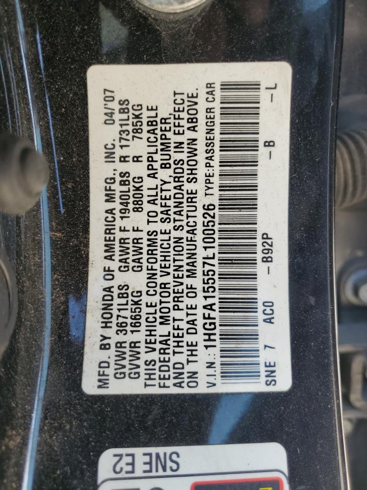 2007 Honda Civic Lx VIN: 1HGFA15557L100526 Lot: 65399224